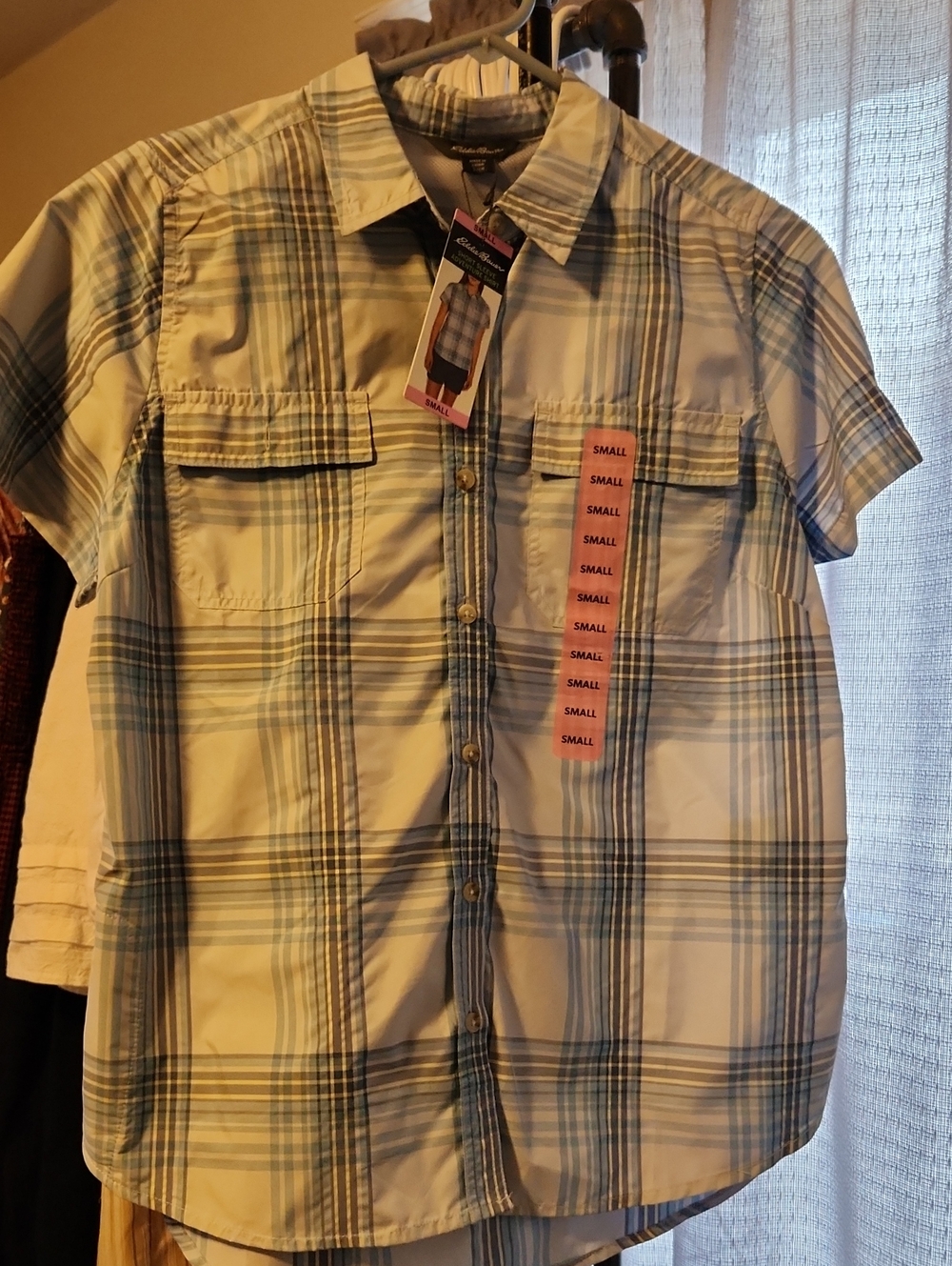 Eddie Bauer Light Blue & White Short-Sleeve Plaid Button-Down Shirt
